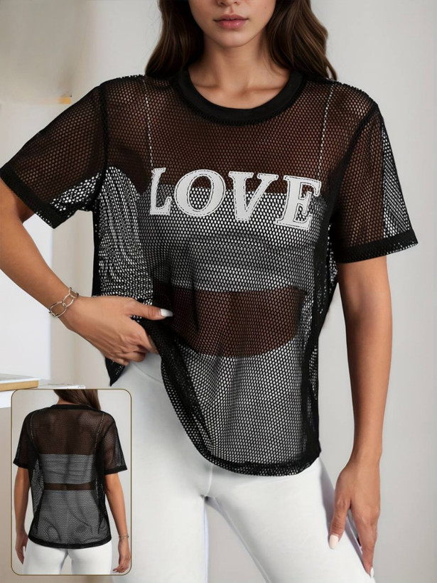 تیشرت تک توری طرح LOVE زنانه؛ لباس ورزشی و استریت استایل